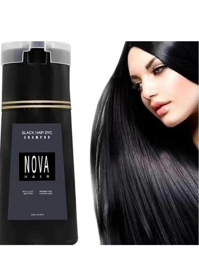 نوفا شامبو صبغة الشعر نوفا، شامبو صبغة الشعر نوفا 3 في 1، شامبو صبغة الشعر الفوري نوفا، صبغة شعر لتغطية الشيب، شامبو صبغة شعر يدوم طويلاً للنساء والرجال 200 مل (أسود) - Image 1